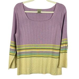 Sigrid Olsen Sport Cotton Blend Lilac Yellow Striped Detail Large Knit Top
